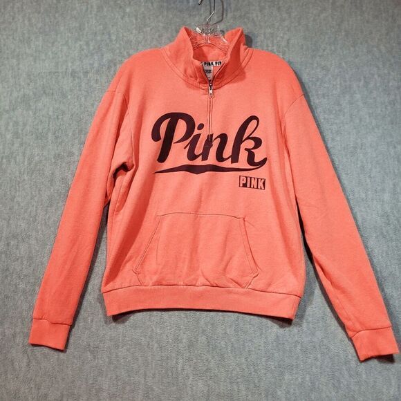 Victorias Secret Sweatshirt Women Small Pink Fleece Spellout 1/4 Zip Pullover - Picture 1 of 9